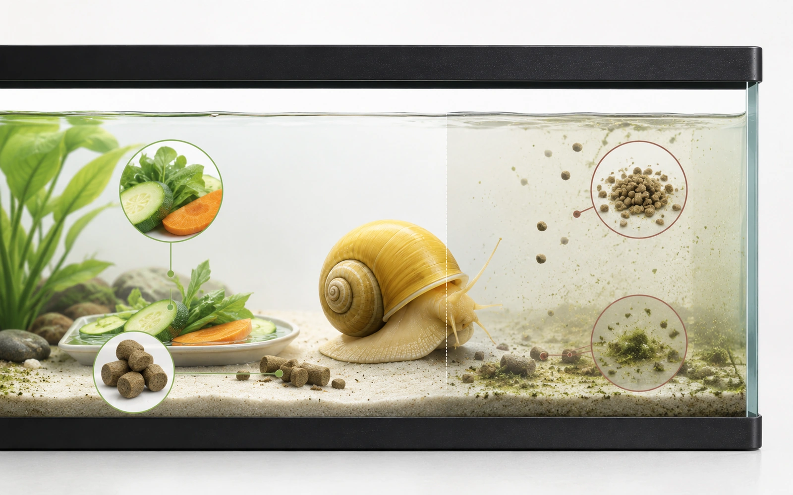 Minimalist aquarium feeding comparison showing suitable snail foods and the water-quality problems caused by overfeeding.