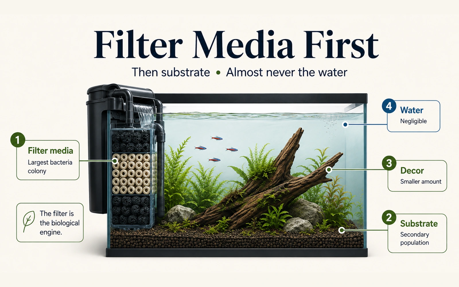 Aquarium diagram ranking filter media first, substrate second, decor third, and the water column last for beneficial bacteria