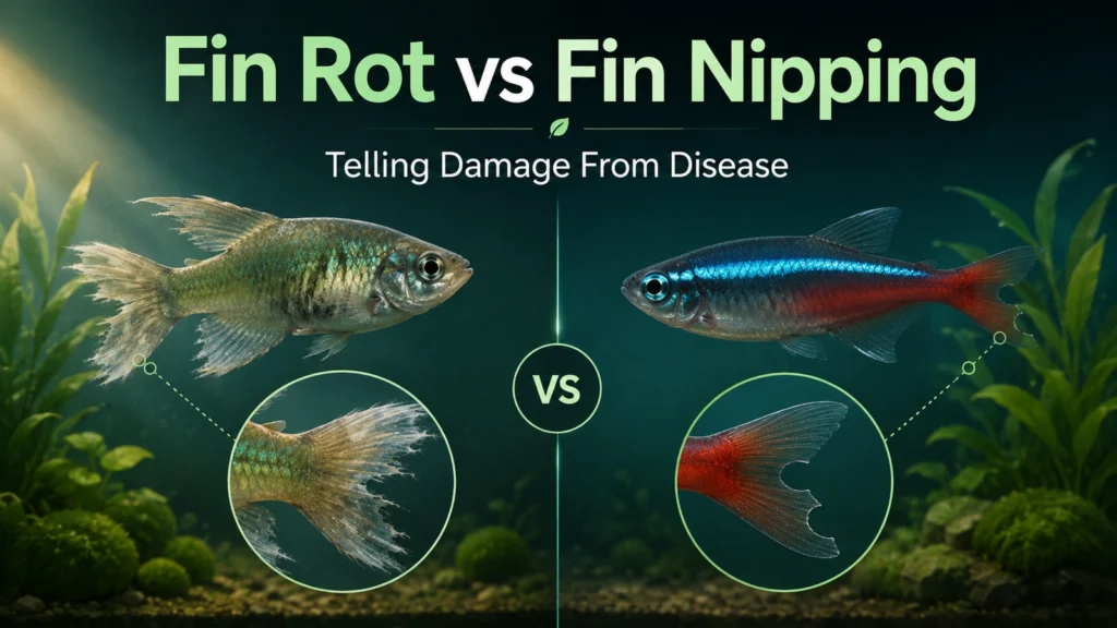 Featured aquarium infographic comparing fin rot with fin nipping and showing how damaged fin edges differ.