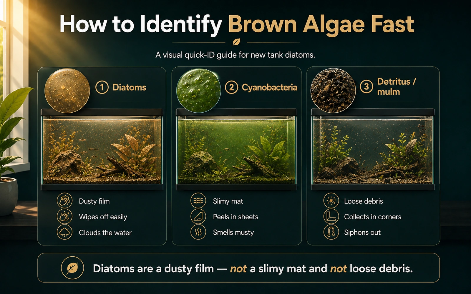 Comparison infographic showing how diatoms differ from cyanobacteria and detritus in an aquarium.