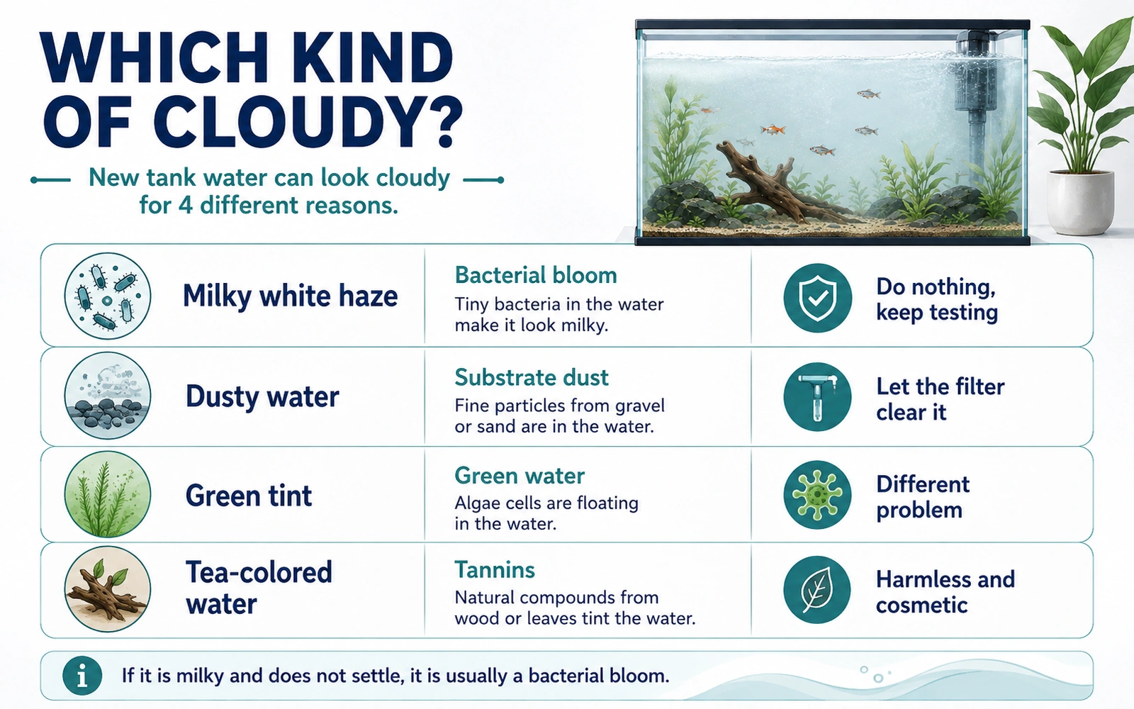 Diagnostic infographic showing four kinds of cloudy aquarium water and the likely cause of each.