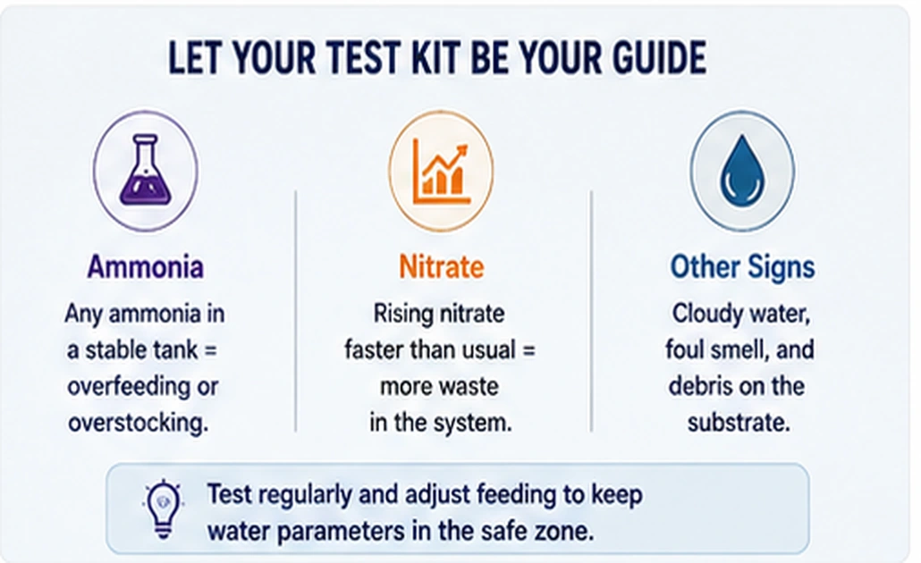 Aquarium test kit indicators showing ammonia, nitrate, cloudy water, smell, and substrate debris as overfeeding clues