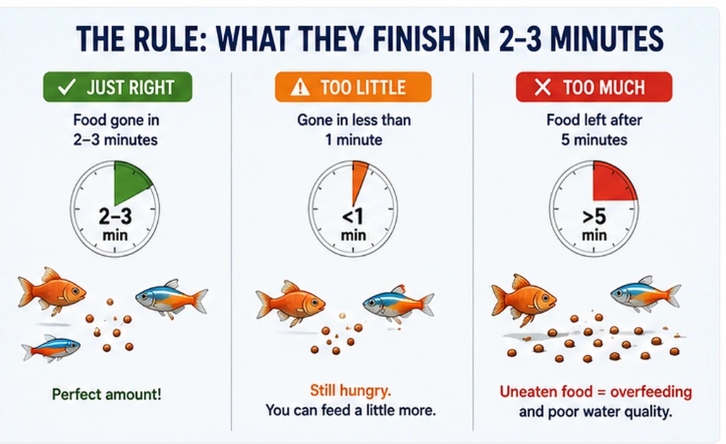 Comparison showing just-right, too-little, and too-much aquarium fish food using feeding-time examples
