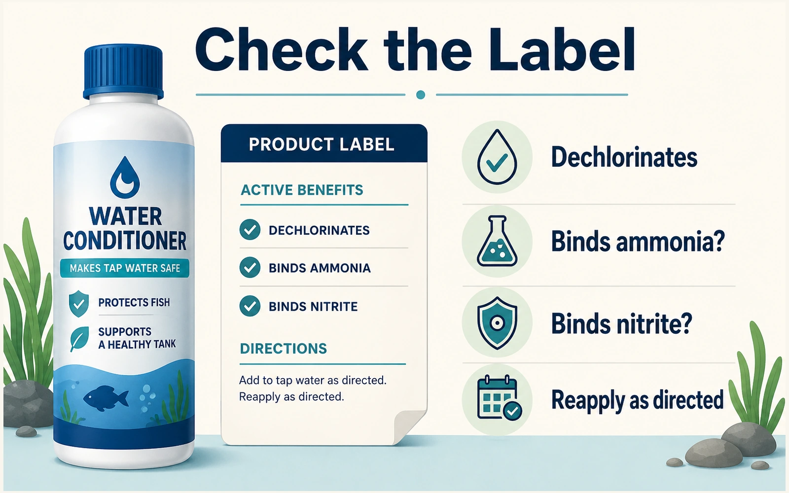 Aquarium water conditioner bottle and label checklist for dechlorination, ammonia binding, nitrite binding, and reapplication