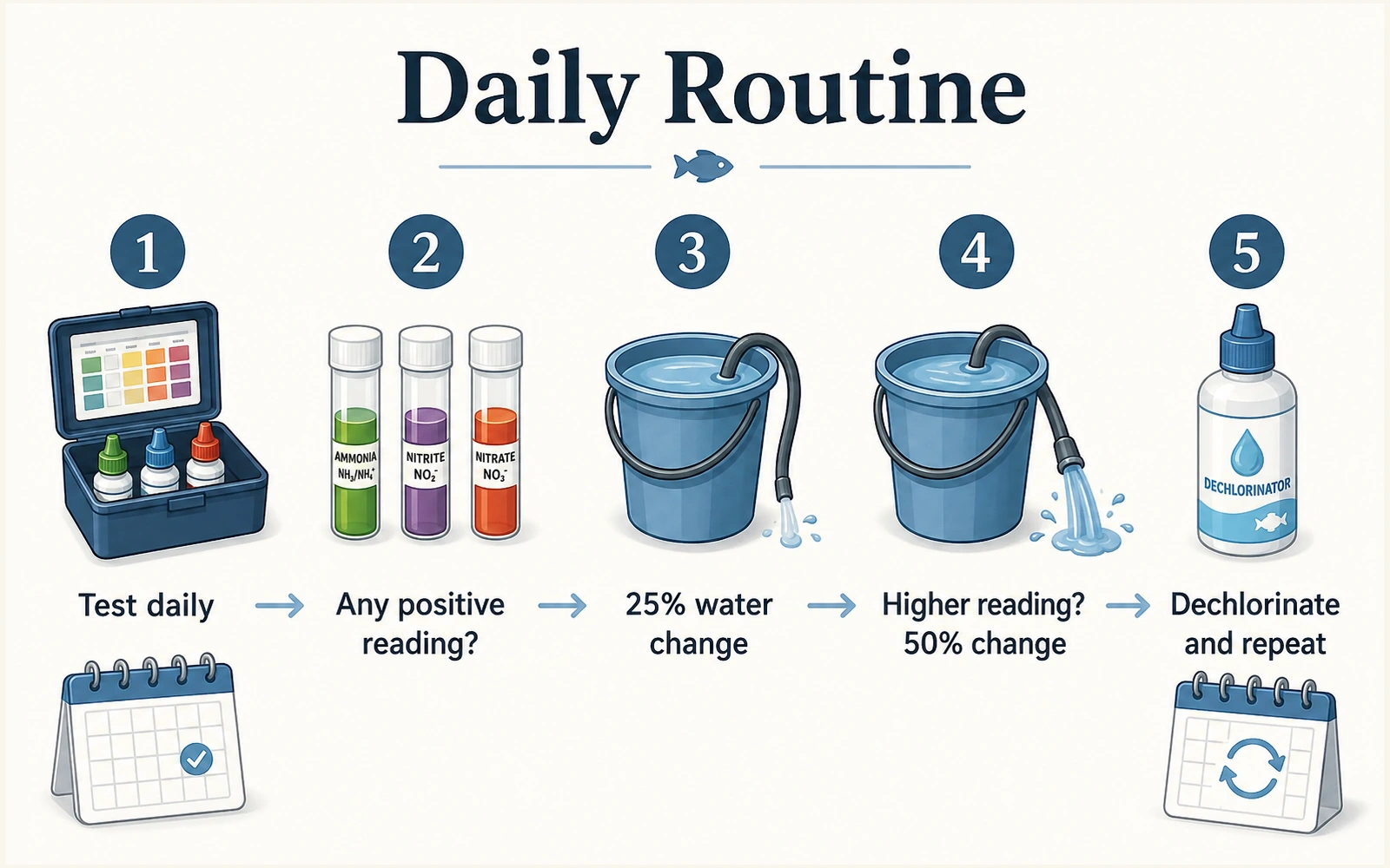 Five-step fish-in cycling routine showing daily testing, partial water changes, dechlorination, and repetition