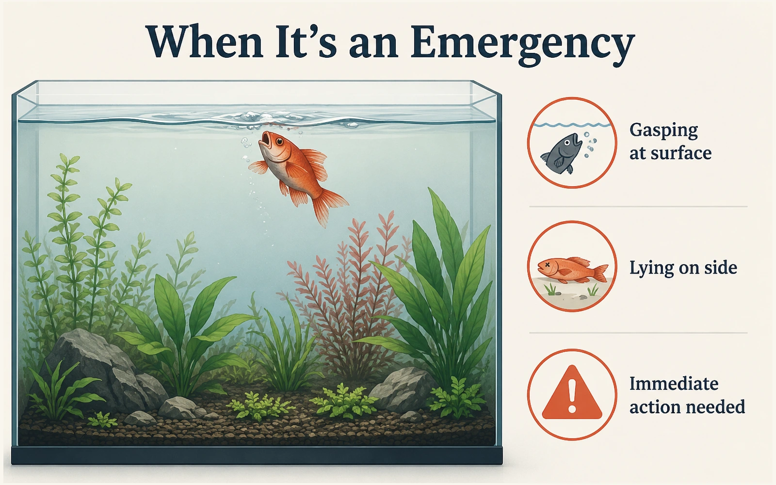 Aquarium fish gasping at the surface with warning signs for gasping, lying on the side, and immediate action