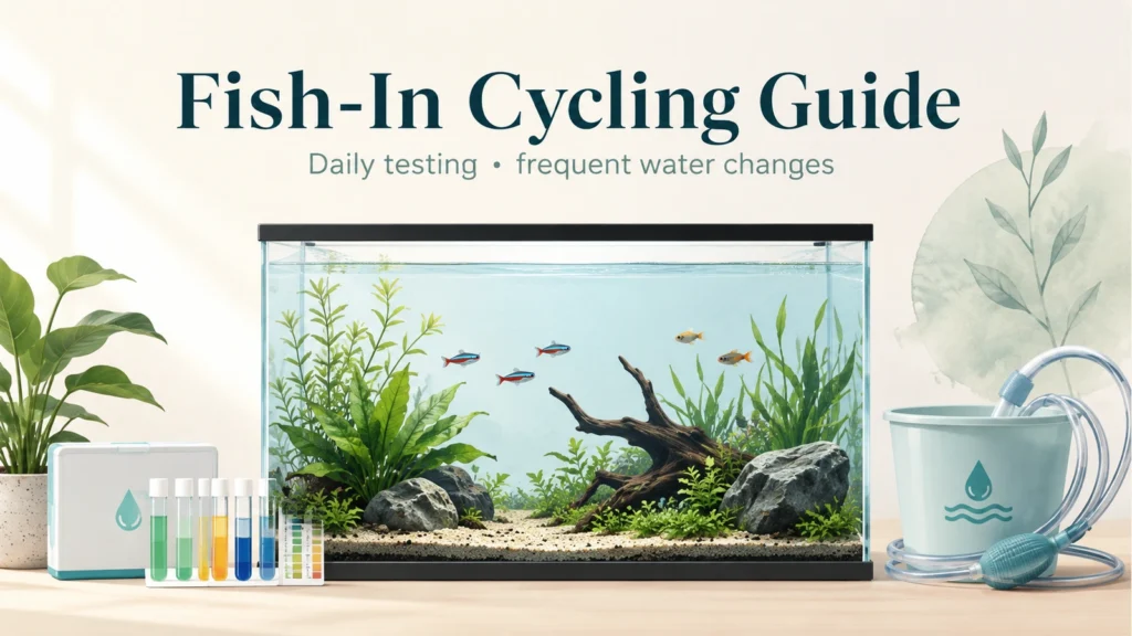 Planted freshwater aquarium with liquid test kit, water-change bucket, siphon, and the heading Fish-In Cycling Guide