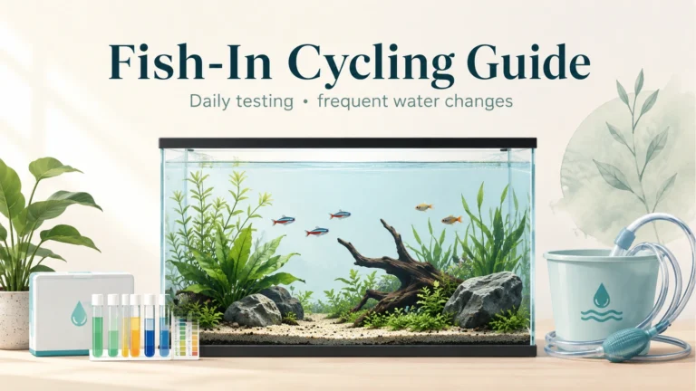 Planted freshwater aquarium with liquid test kit, water-change bucket, siphon, and the heading Fish-In Cycling Guide