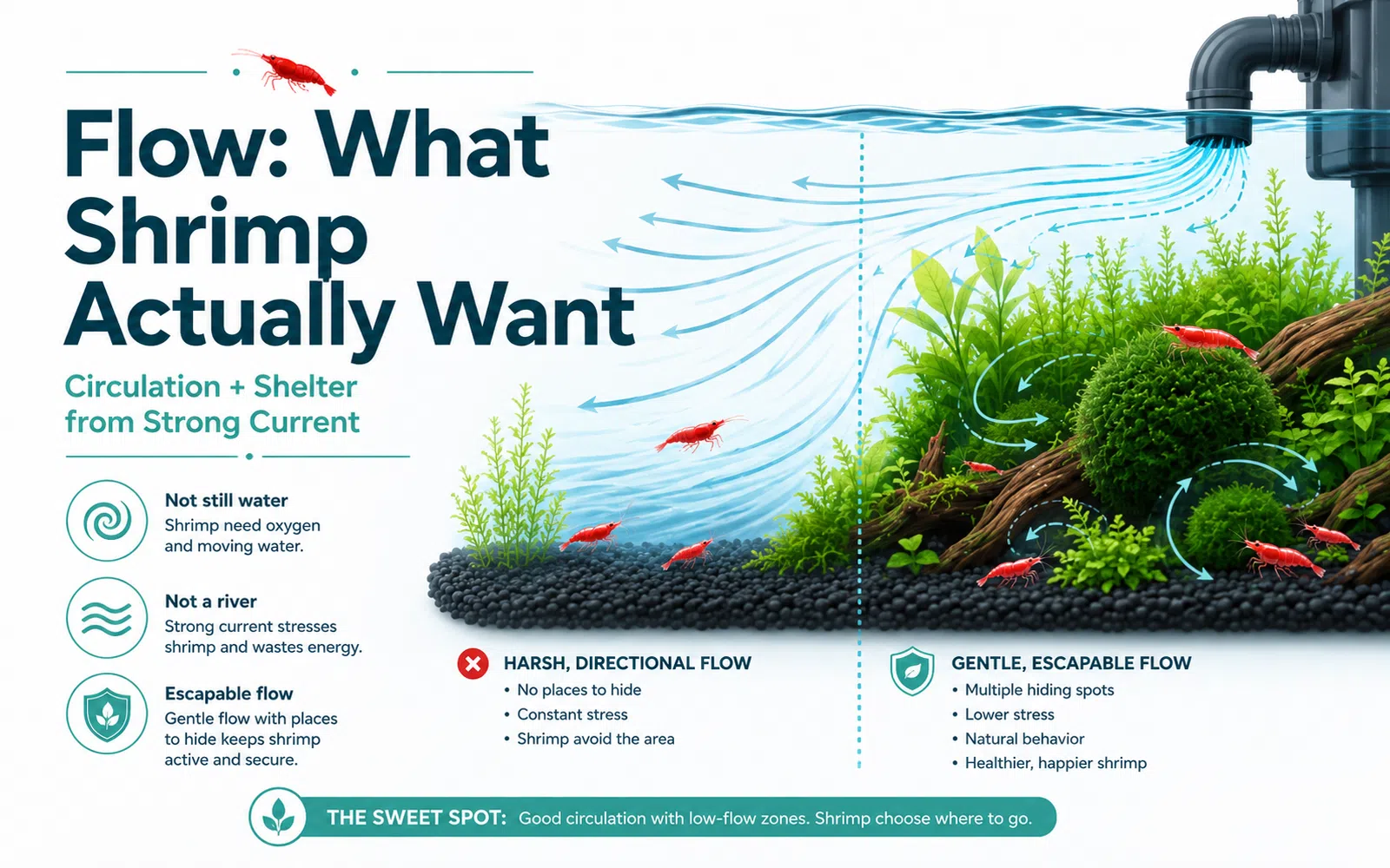 Minimalist aquarium infographic showing the difference between harsh directional current and gentle escapable flow for shrimp.