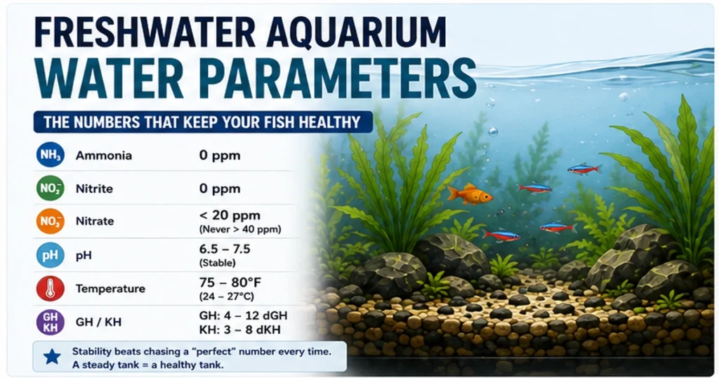 Freshwater aquarium water parameters showing ammonia, nitrite, nitrate, pH, temperature, GH and KH safe targets