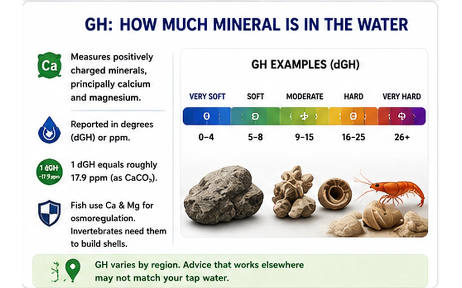 General hardness infographic explaining calcium magnesium soft and hard water dGH and mineral needs of fish and invertebrates
