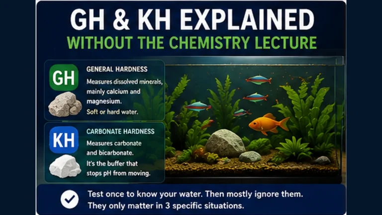 Planted freshwater aquarium with fish, rocks and GH and KH explanation panels showing minerals versus buffering