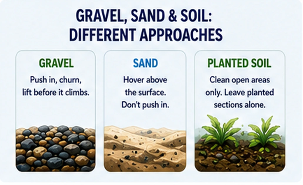 Comparison of cleaning methods for aquarium gravel, sand, and planted soil