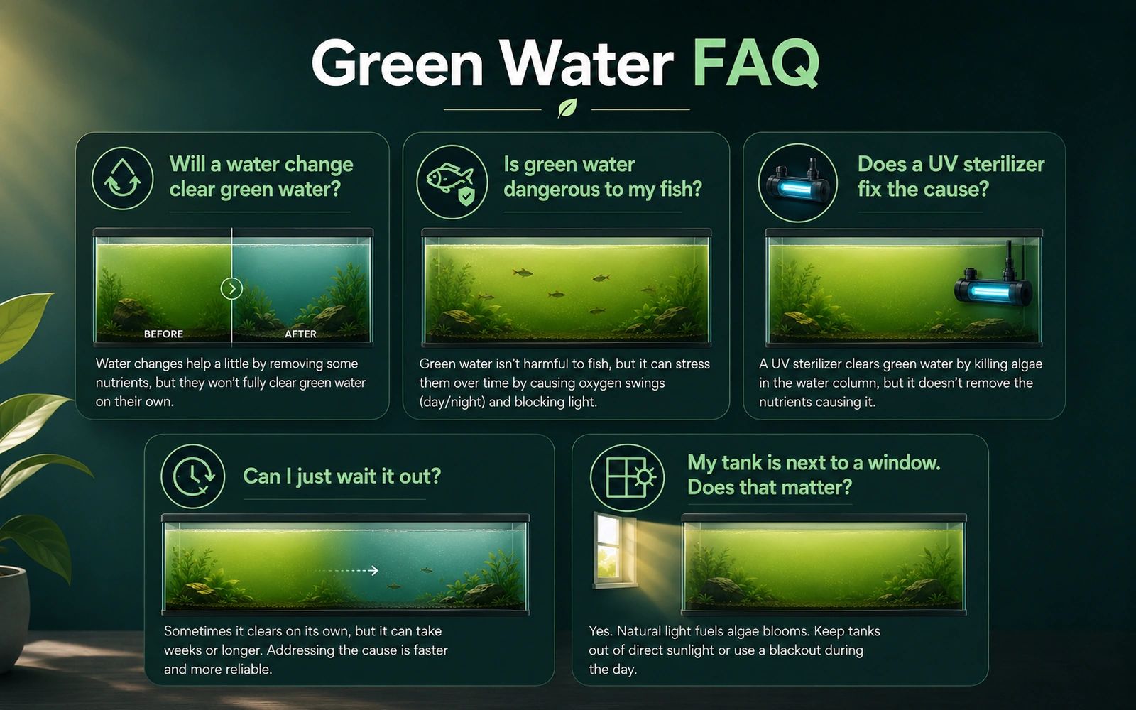 FAQ infographic with quick answers about green water in an aquarium.