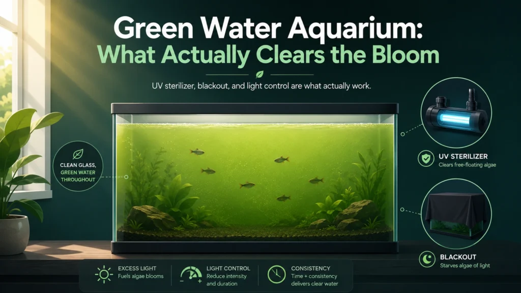 Featured minimalist aquarium infographic showing green water and the methods that actually clear the bloom.