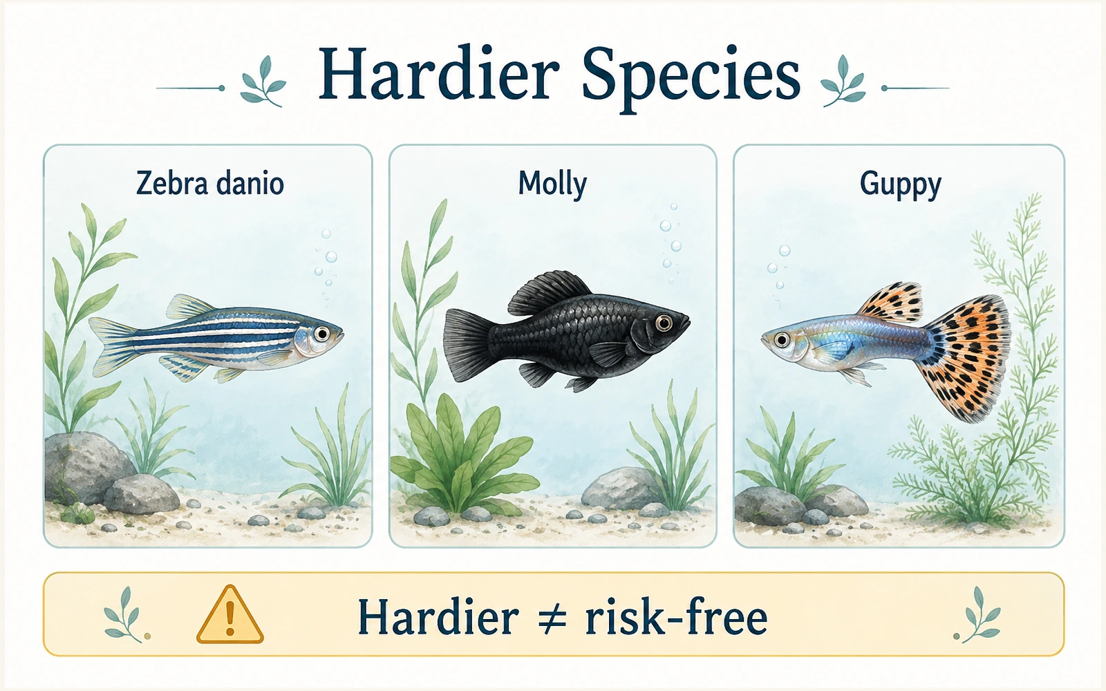 Illustrated zebra danio, molly, and guppy with a warning that hardier fish are not protected from cycling toxins