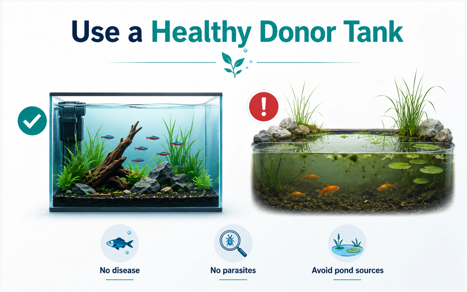 Healthy indoor aquarium compared with an unsuitable pond source, with reminders to avoid disease and parasites