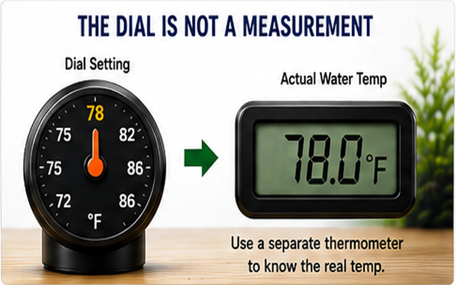 Aquarium heater dial compared with a separate digital thermometer reading actual water temperature