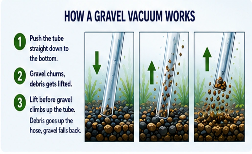 Three-step gravel vacuum illustration showing debris lifted while gravel falls back