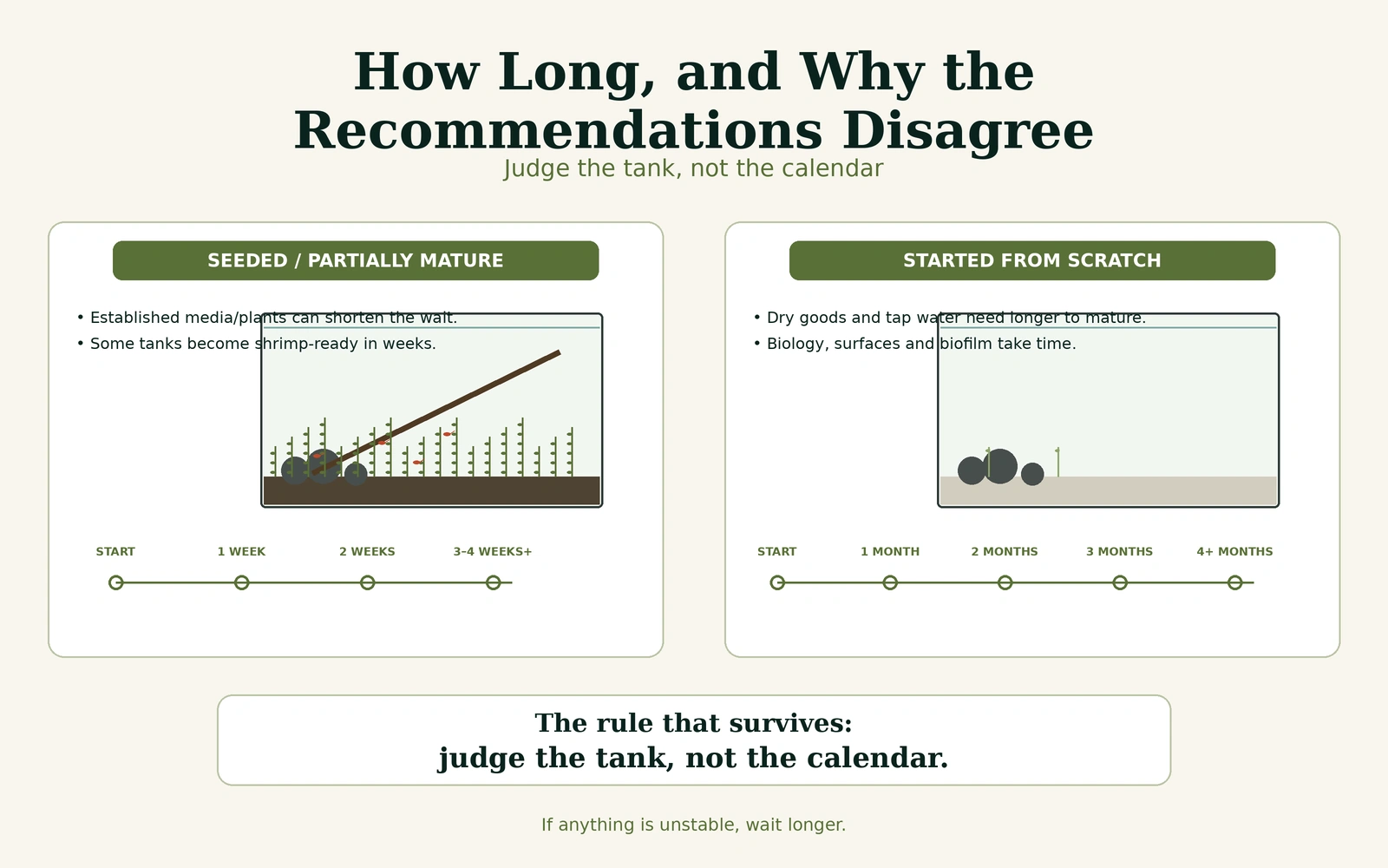 Timeline infographic comparing seeded or partially mature aquarium setups with tanks started from dry goods and tap water.