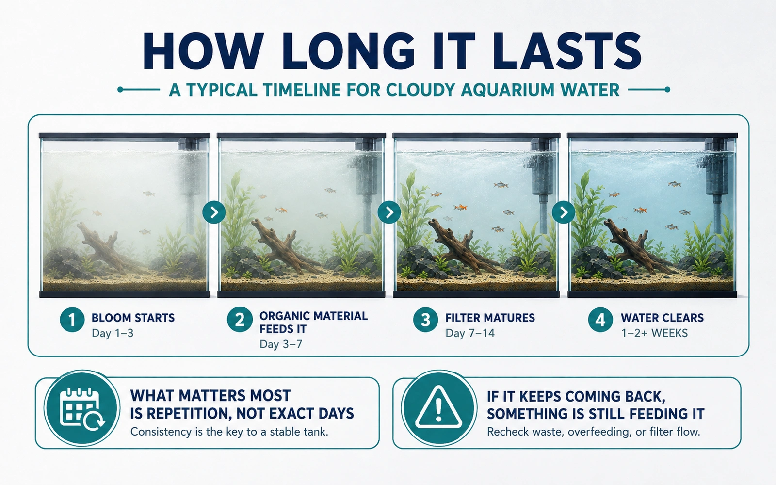 Timeline infographic showing cloudy aquarium water gradually clearing as the tank matures.