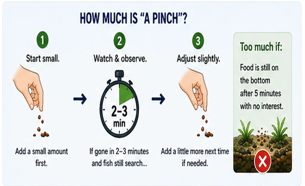 Three-step aquarium feeding illustration showing start small, watch fish eat, and adjust the amount