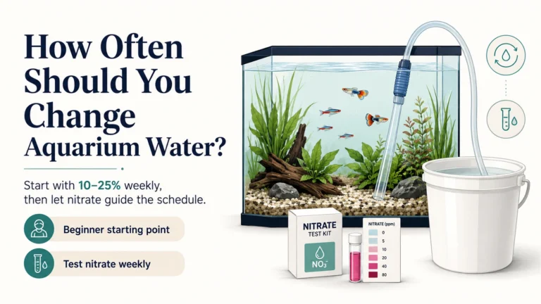 Planted freshwater aquarium with siphon, bucket, and nitrate test kit, showing a beginner starting point of ten to twenty-five percent weekly