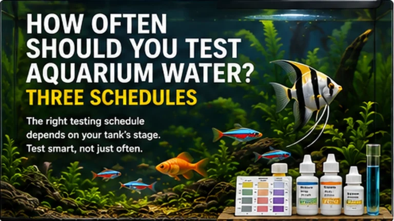 Freshwater aquarium with liquid test kit and headline about three aquarium water testing schedules