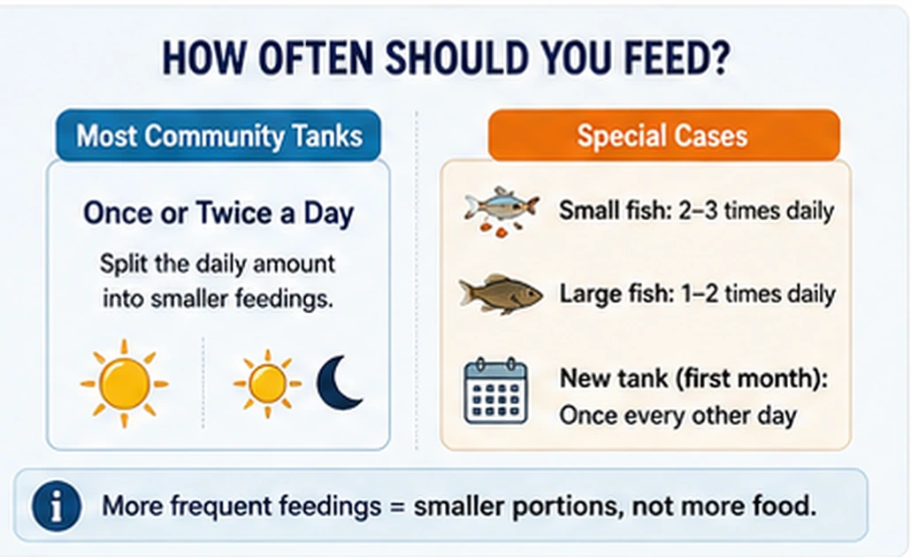 Aquarium feeding schedule showing once or twice daily for community tanks and special feeding cases