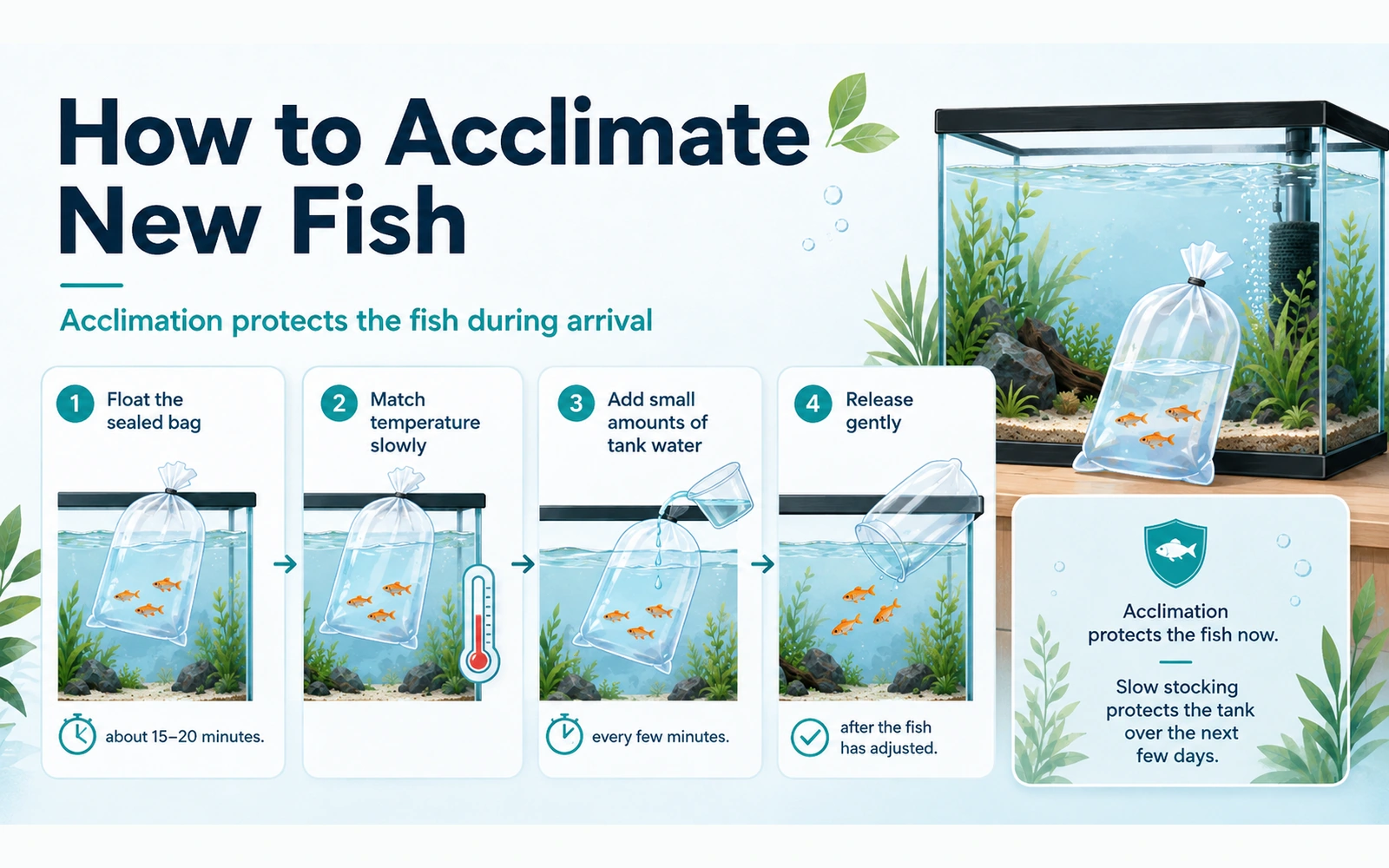 Four-step fish acclimation process showing a sealed bag floating, temperature matching, adding tank water, and gentle release