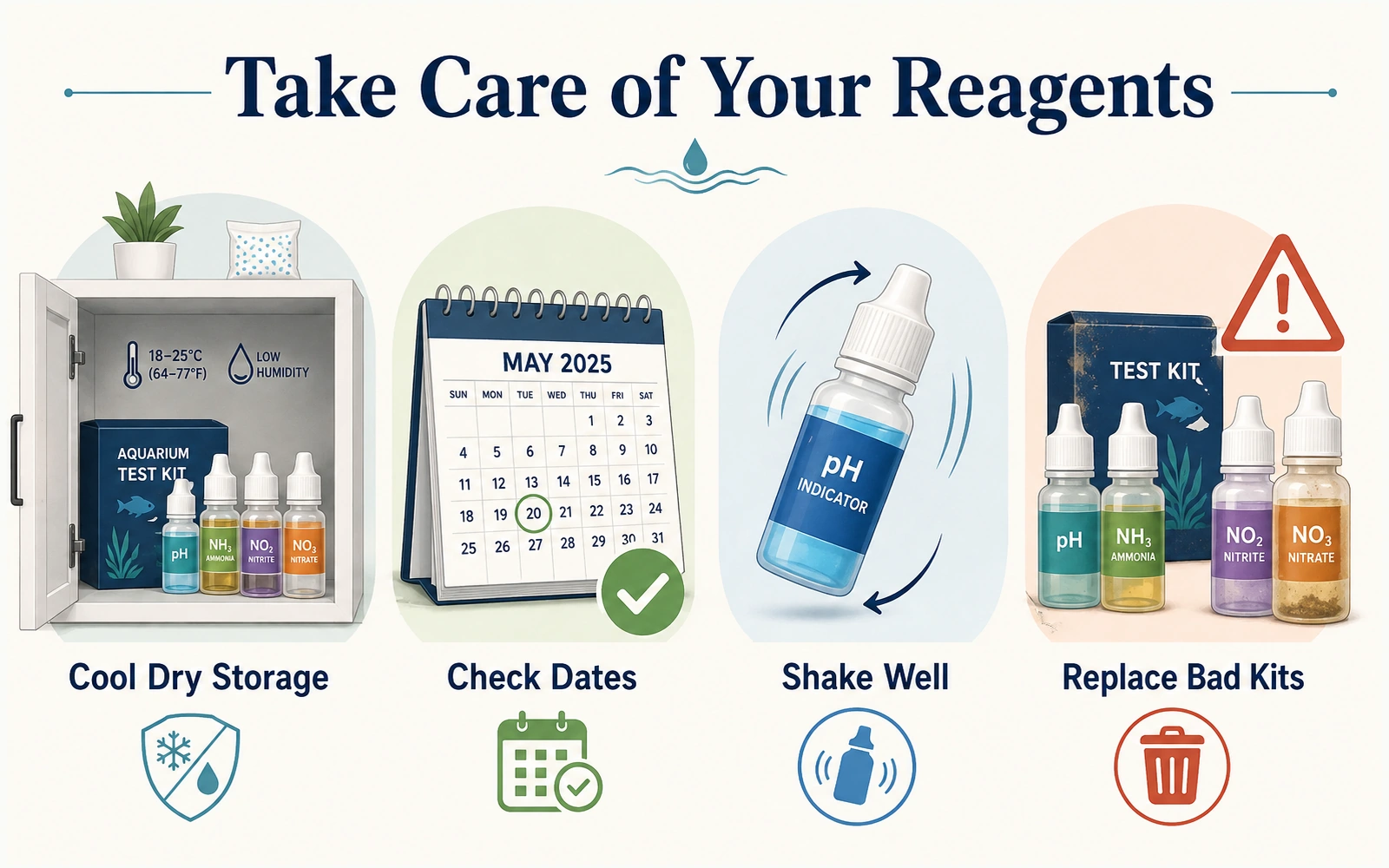 Aquarium reagent care guide showing cool dry storage, date checks, proper shaking, and replacement of degraded test kits