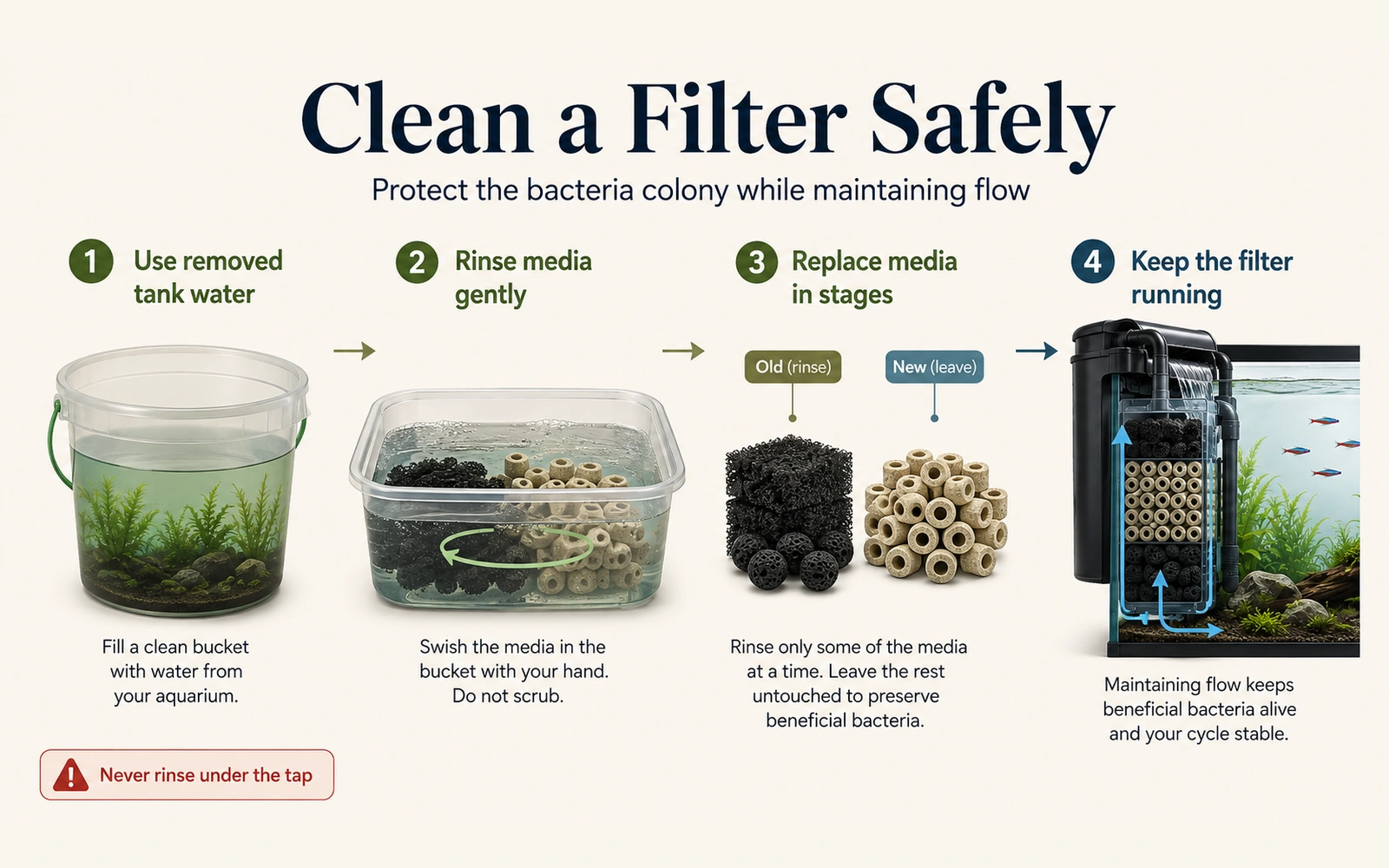 Four-step filter-cleaning guide using removed tank water, gentle rinsing, staged media replacement, and continuous filter operation