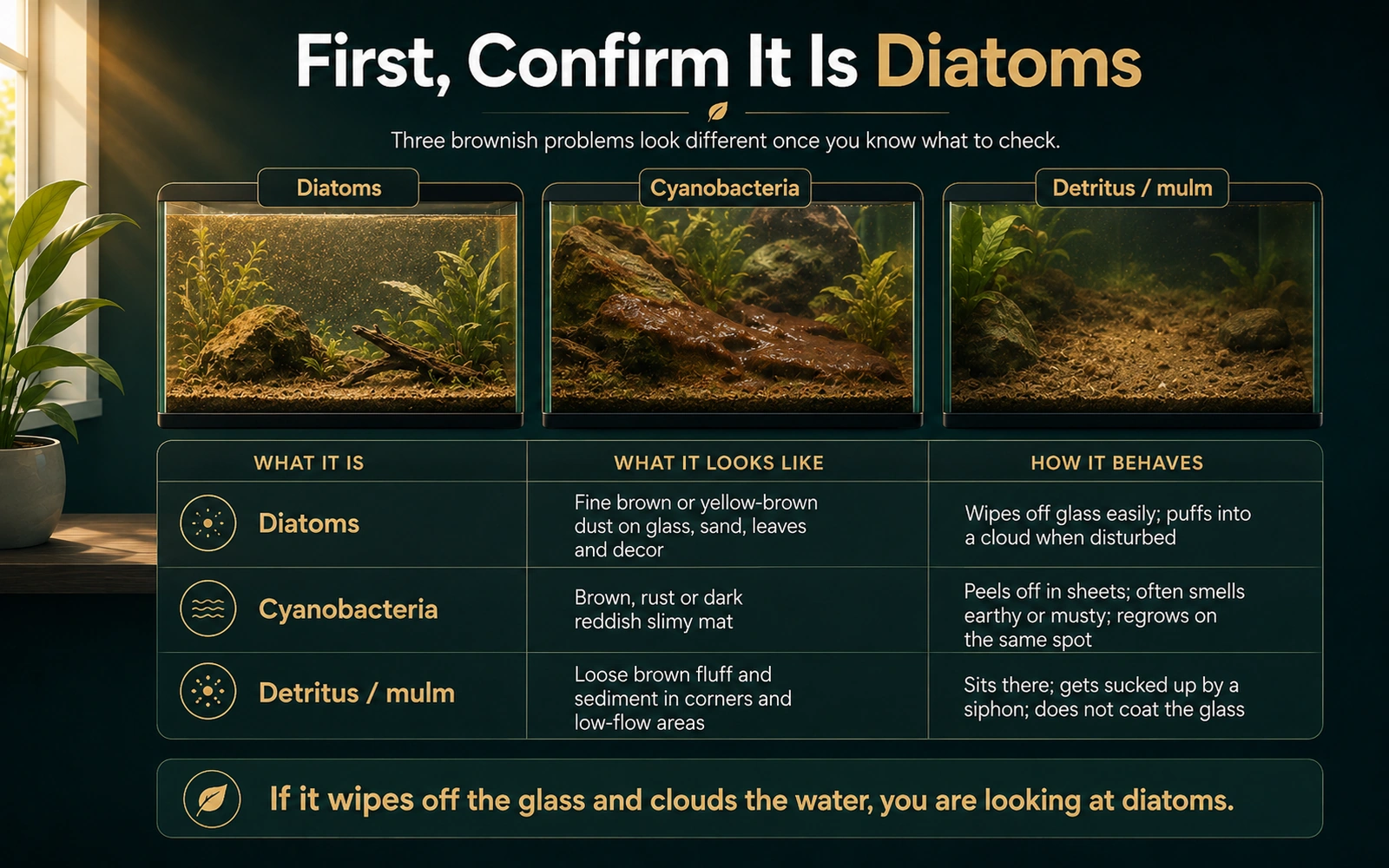 Visual quick identification guide comparing diatoms, cyanobacteria, and detritus or mulm.