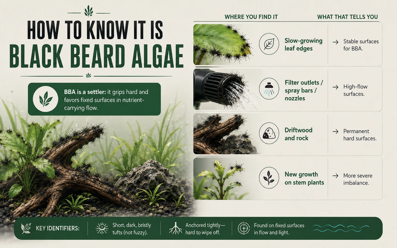 Identification guide showing what black beard algae looks like and where it commonly appears in an aquarium.
