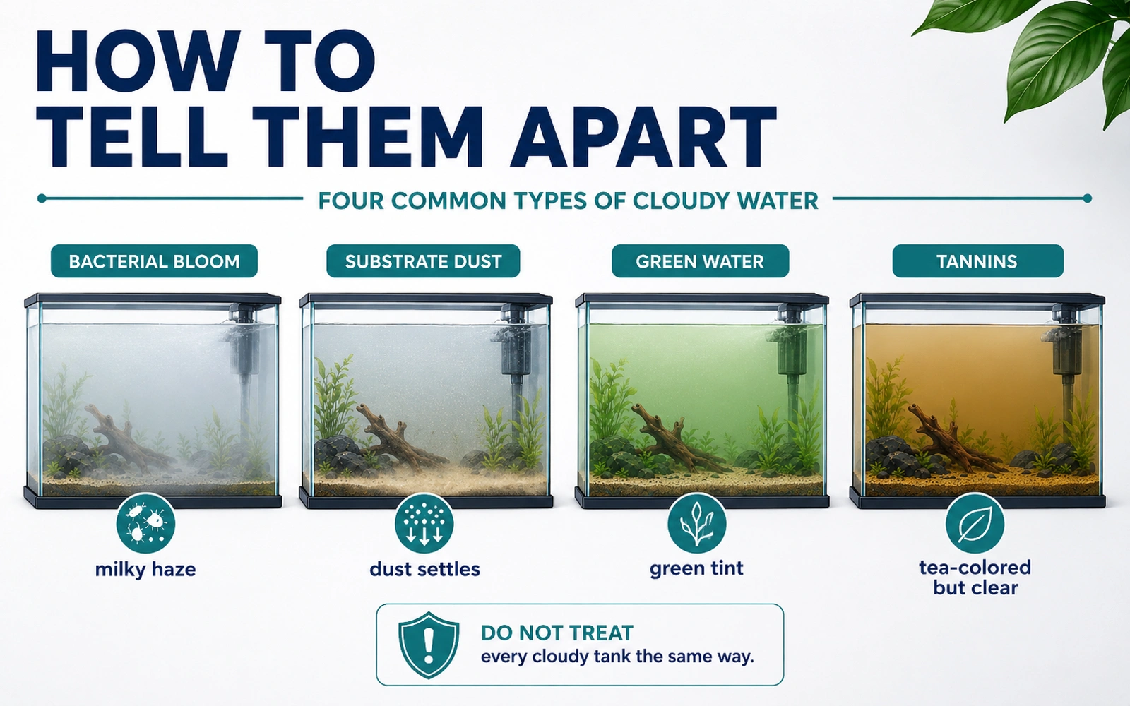 Comparison infographic showing bacterial bloom, substrate dust, green water, and tannins in four aquariums.