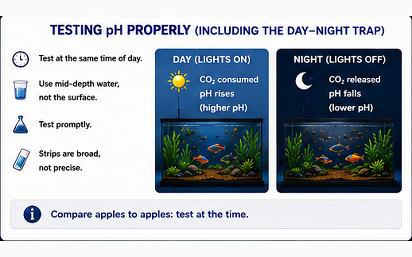 Aquarium pH testing infographic comparing daytime and nighttime readings and recommending tests at the same time of day
