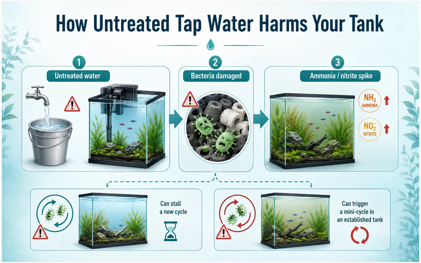 Untreated tap water damaging biological filter bacteria and causing ammonia or nitrite to rise