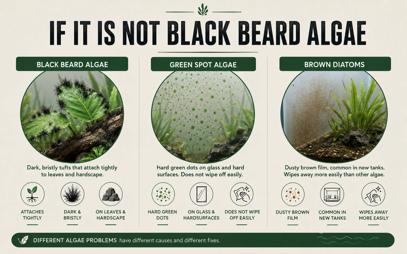 Comparison guide helping readers distinguish black beard algae from green spot algae and brown diatoms.