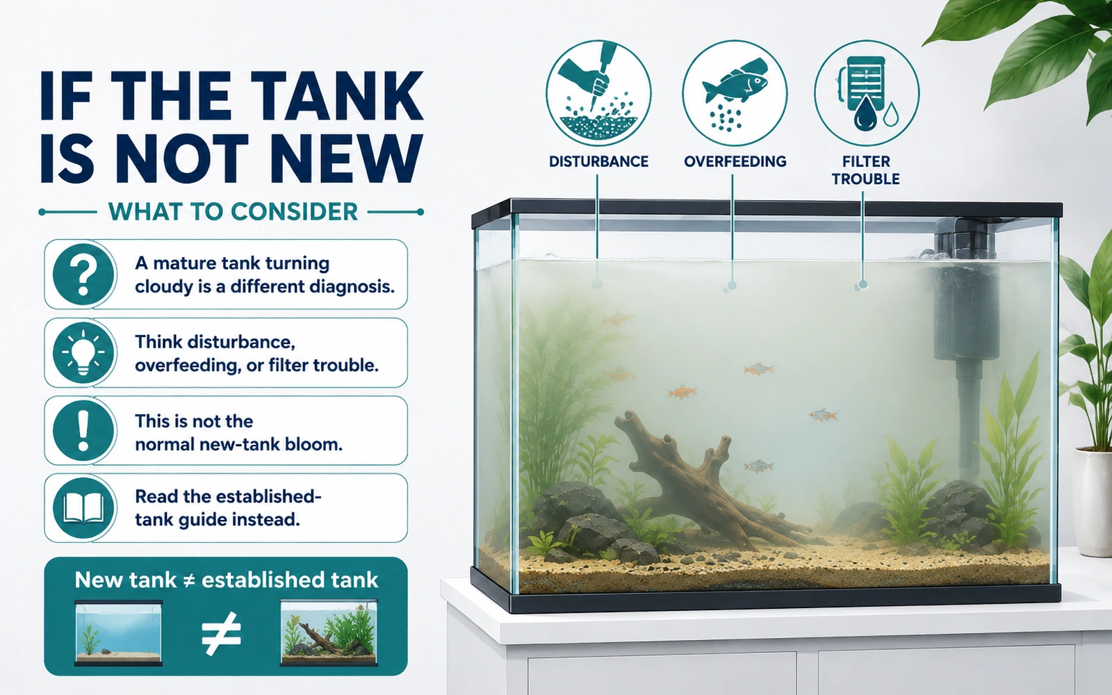 Infographic explaining why cloudy water in an established aquarium has different causes from a new-tank bloom.