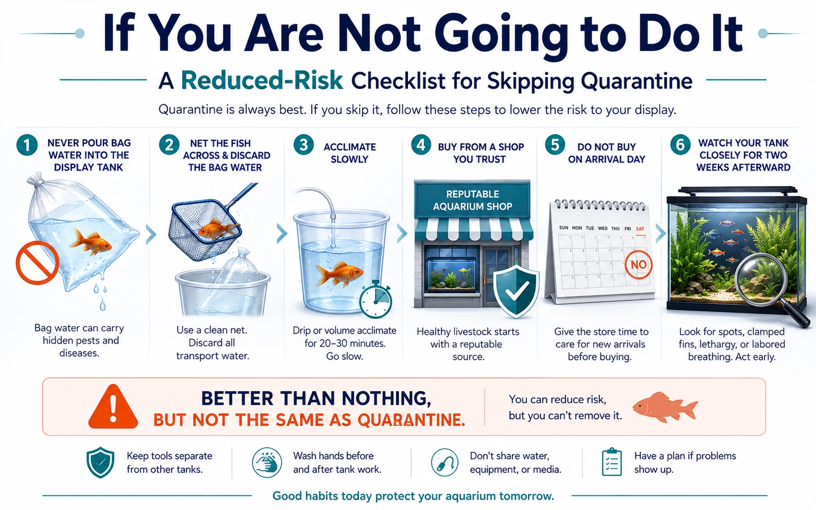 Reduced-risk infographic for keepers who skip quarantine, including discarding bag water, slow acclimation, buying from a trusted shop, and close observation afterward.