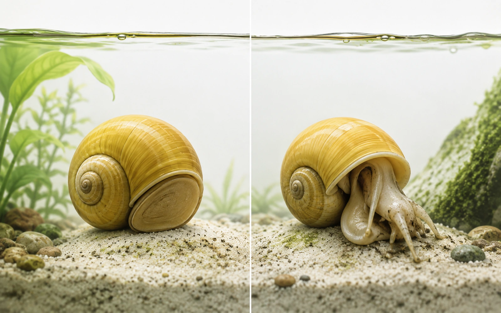 Minimalist comparison showing an inactive closed mystery snail and an active mystery snail for checking whether it is alive.