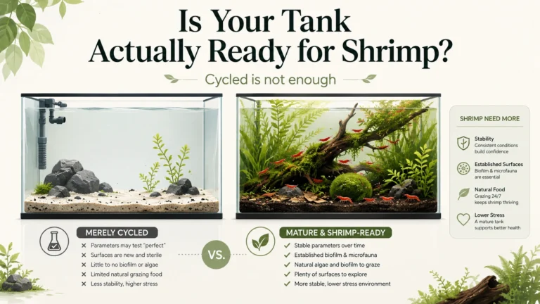 Featured minimalist infographic comparing a merely cycled aquarium with a mature shrimp-ready aquarium.
