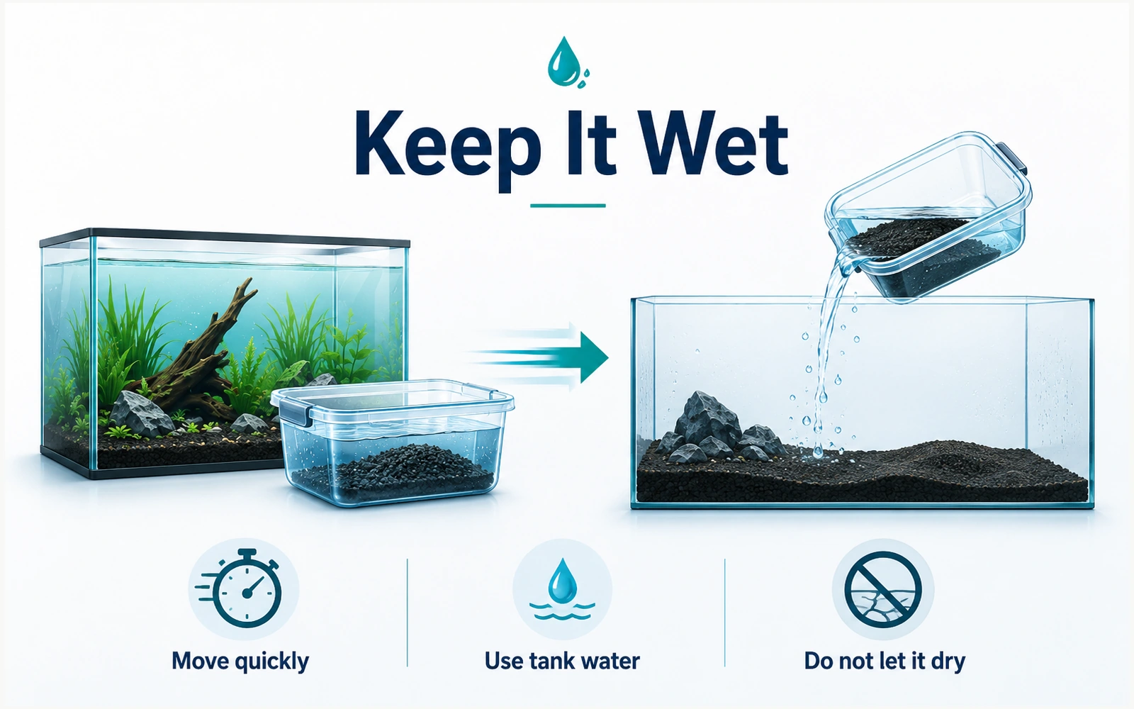 Established substrate transported quickly in donor tank water and added wet to a new aquarium