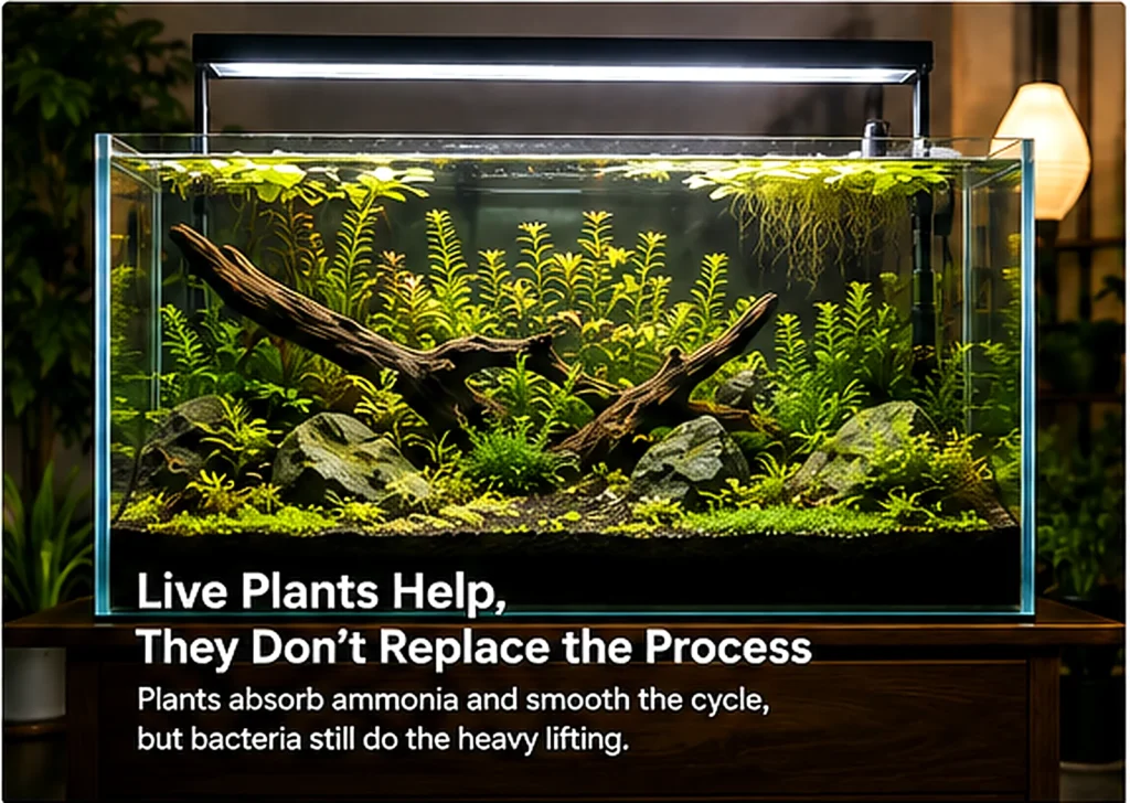 Heavily planted freshwater aquarium illustrating how live plants can support the cycling process