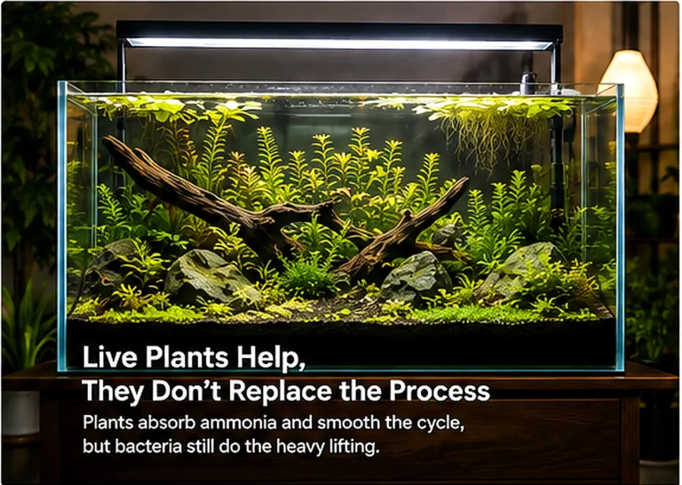 Heavily planted freshwater aquarium illustrating how live plants can support the cycling process