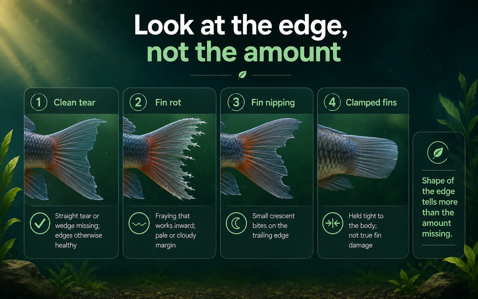 Infographic comparing a clean tear, fin rot, fin nipping, and clamped fins by the shape of the fin edge.