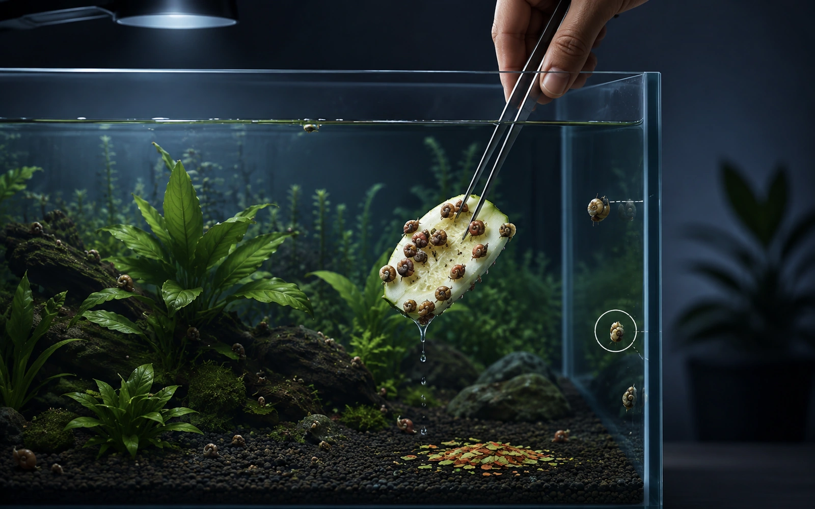Minimalist aquarium image showing manual snail removal using an overnight vegetable trap and routine picking.