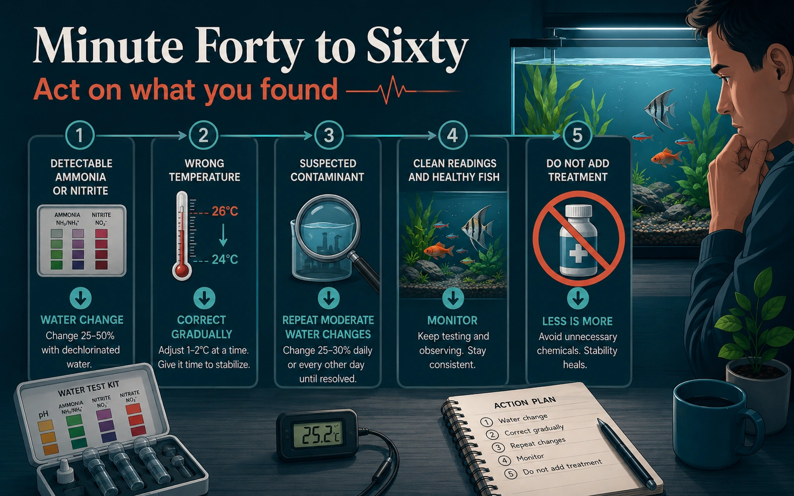 Infographic action plan for minute forty to sixty after a fish dies, showing how to respond to bad readings, wrong temperature, suspected contamination, clean readings, and why not to add treatment.