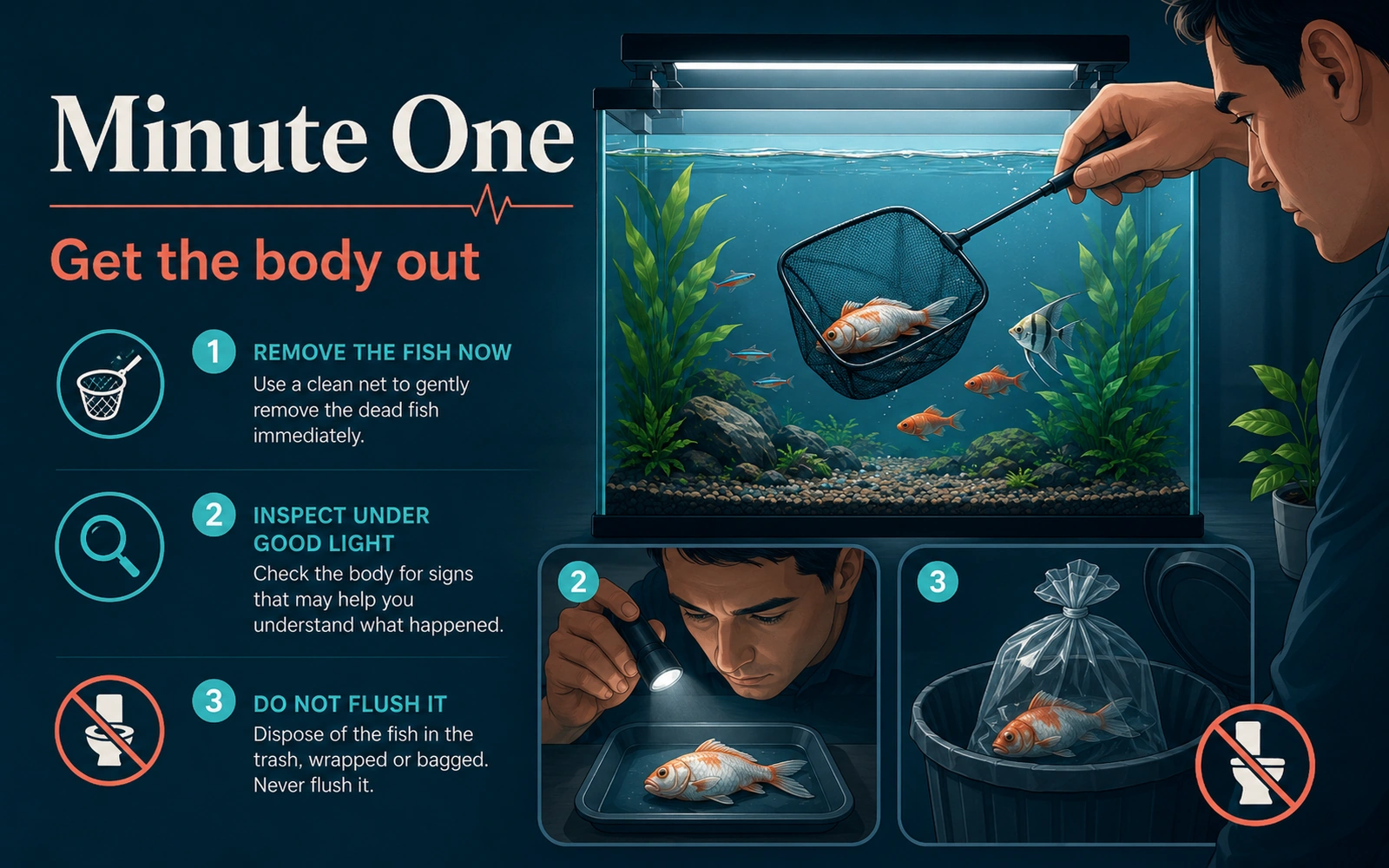 Infographic showing minute one after a fish dies: remove the body with a net, inspect it under good light, and do not flush it.