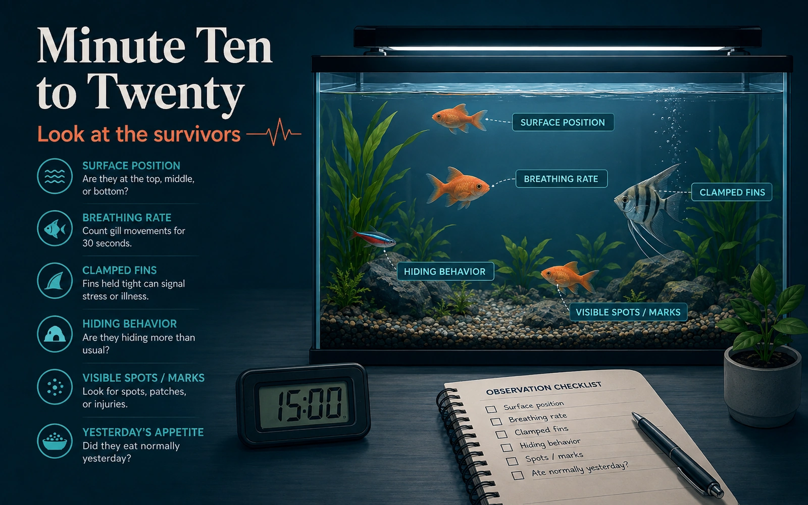 Infographic showing how to observe the surviving fish, including surface position, breathing rate, clamped fins, hiding, spots or marks, and appetite.